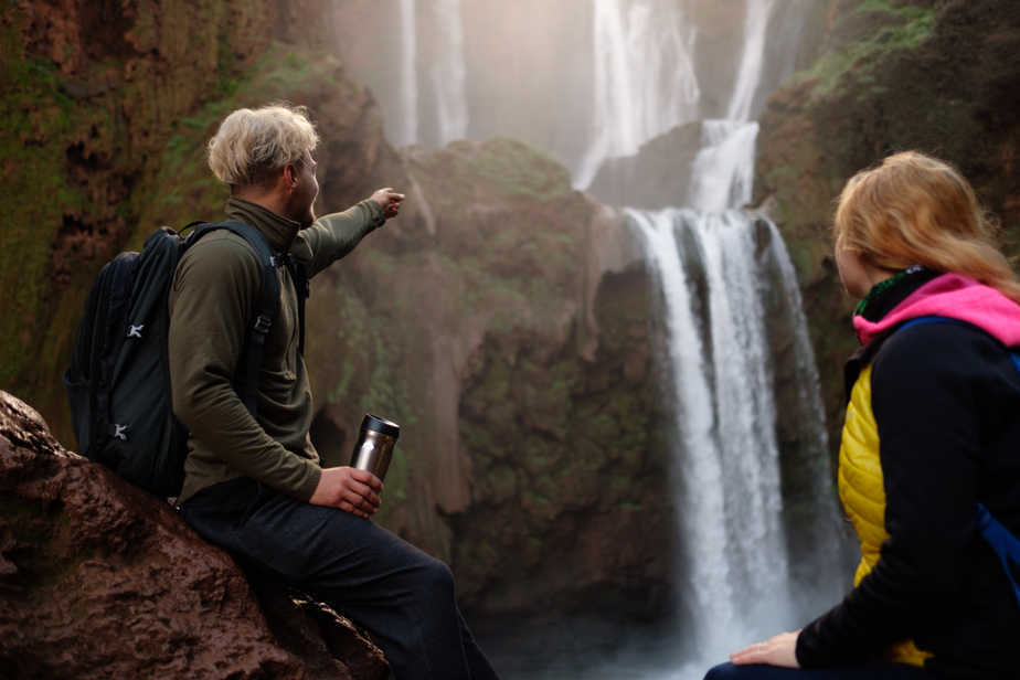 Adventurer couple near Ouzoud waterfall in Morocco.