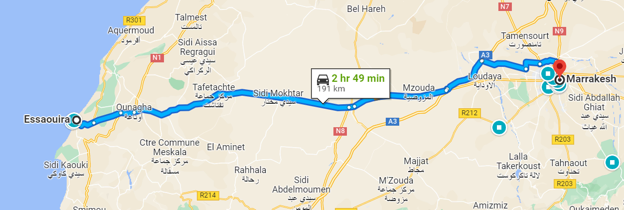 How many km from Essaouira to Marrakech